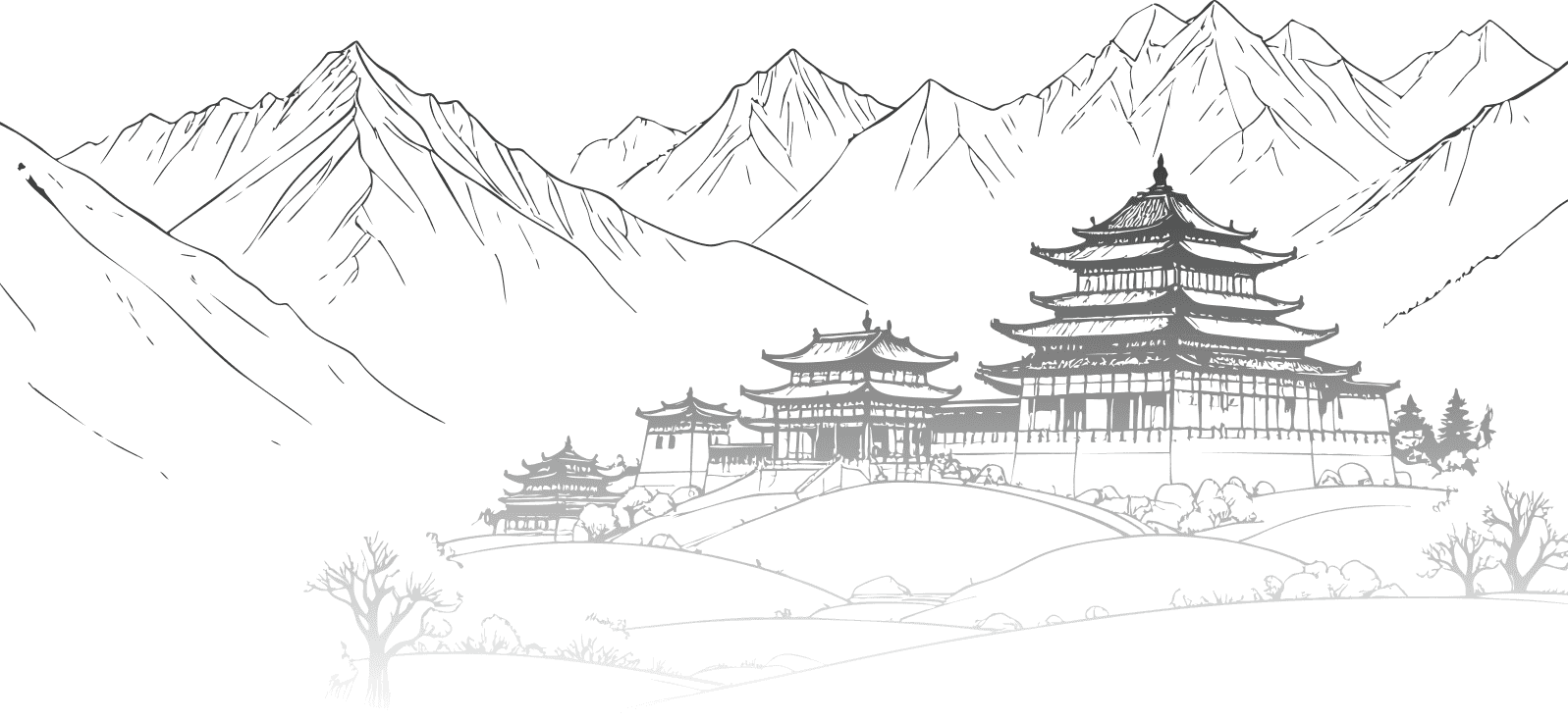 Background art of mountains and temple